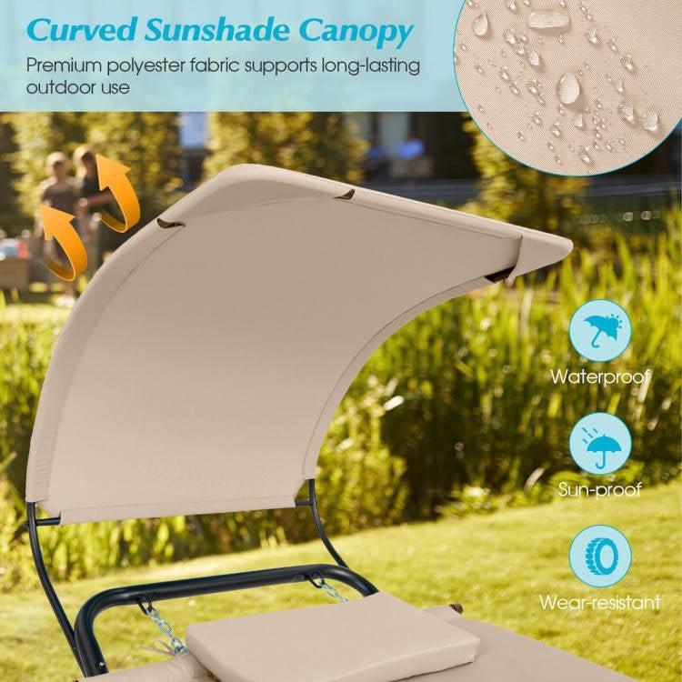 Outdoor Tan Hammock Style Chaise Lounge Chair Cot with Canopy and Storage Bag - PRHOMZ