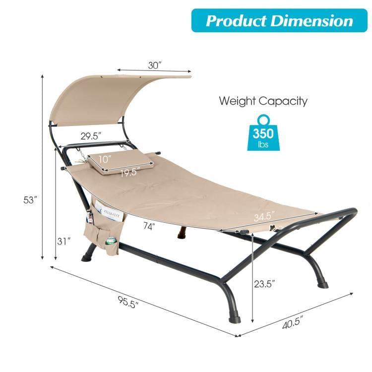 Outdoor Tan Hammock Style Chaise Lounge Chair Cot with Canopy and Storage Bag - PRHOMZ