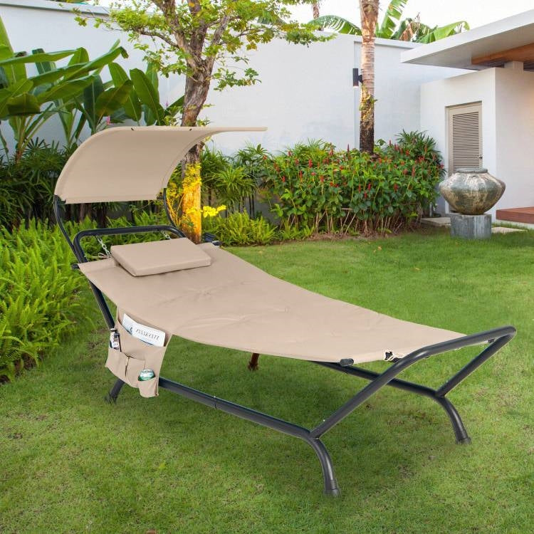 Beige Polyester Chaise Lounge Chair Hammock with Canopy and Storage Bag-2