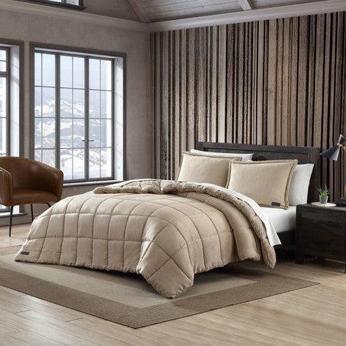 King Plush Sherpa Reversible Micro Suede Comforter Set in Beige - PRHOMZ