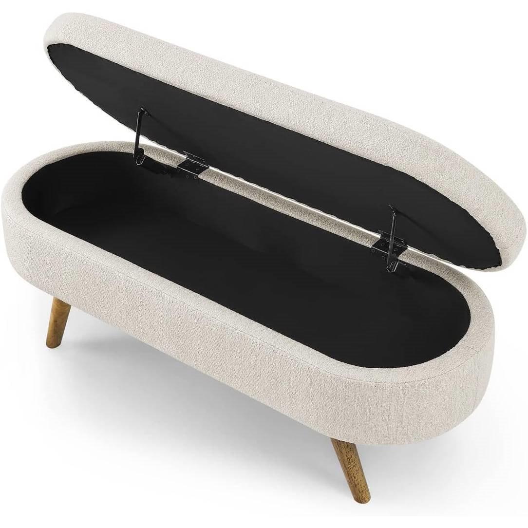 Mid-Century Modern Boho Style Off-White Beige Linen Bedroom Storage Bed Bench - PRHOMZ