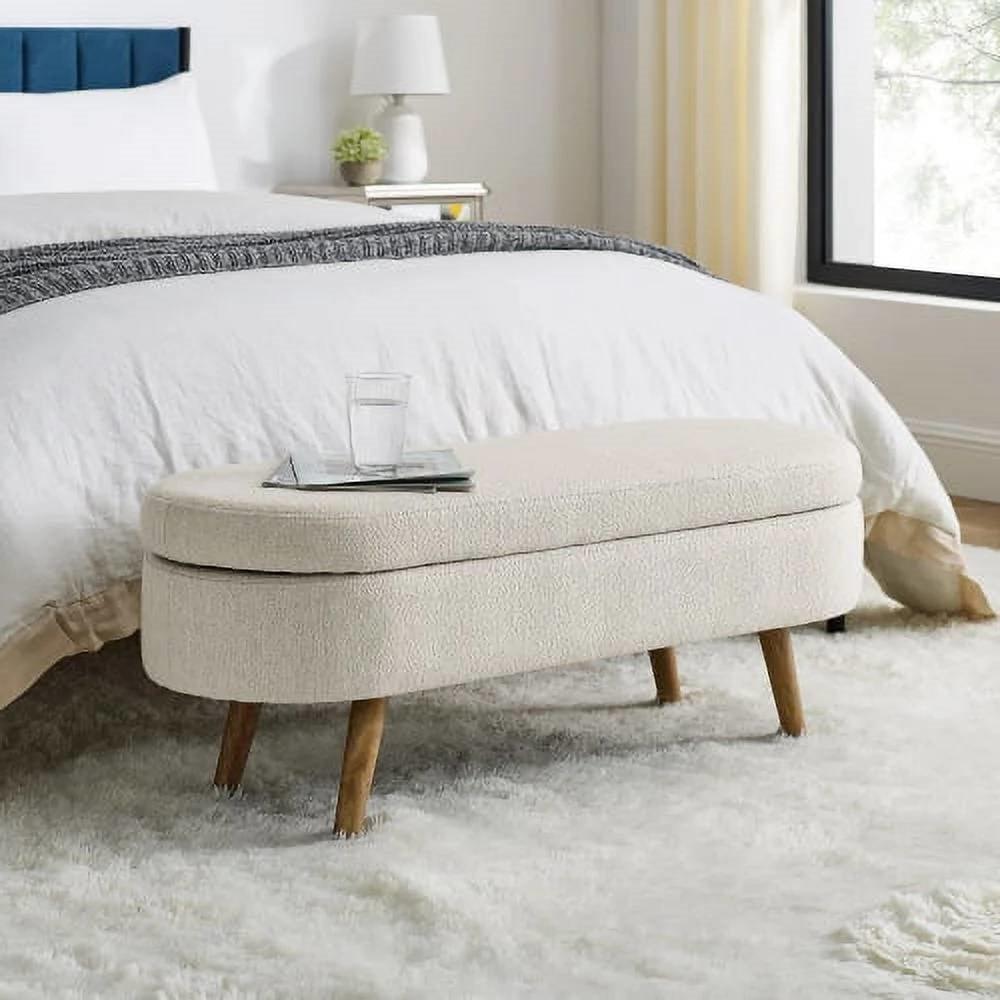 Mid-Century Modern Boho Style Off-White Beige Linen Bedroom Storage Bed Bench - PRHOMZ