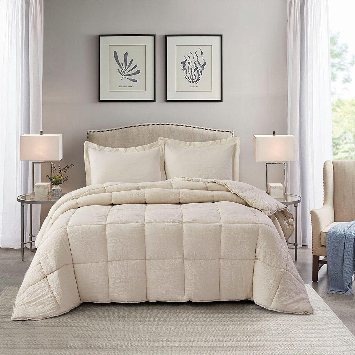 Queen Size Beige 3 Piece Microfiber Reversible Comforter Set - PRHOMZ