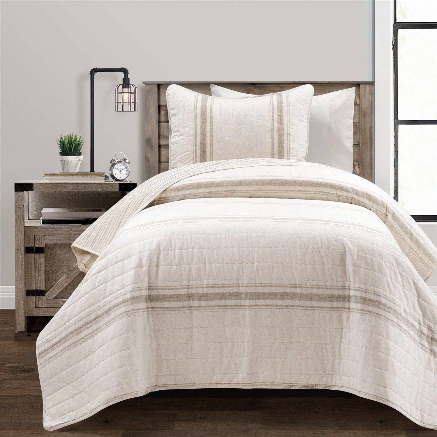Twin/Twin XL Beige Off-White Cream Stripe 2-Piece Reversible Cotton Quilt Set - PRHOMZ