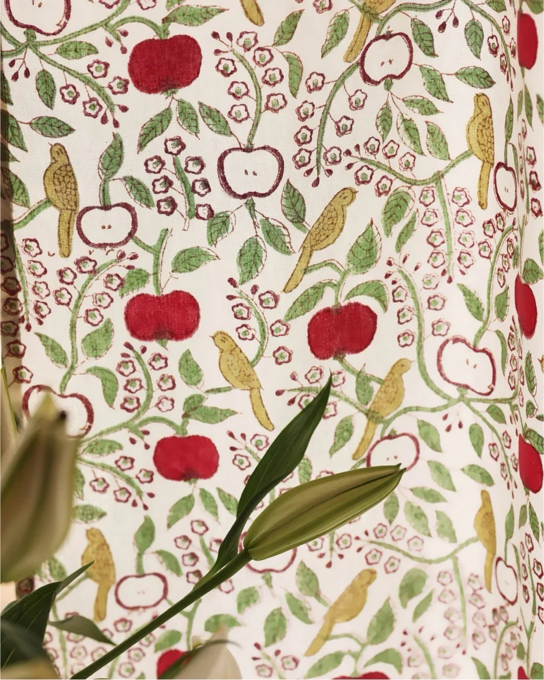White & Red Hand Block Printed Linen Curtains | Apple & Bird Design-2