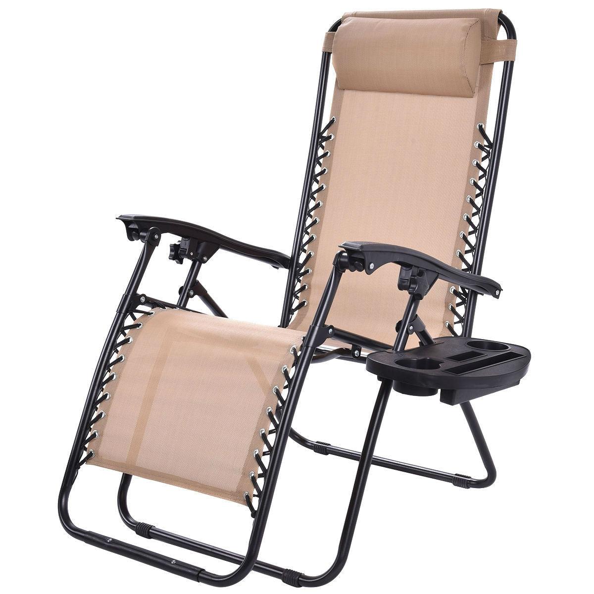 Set of 2 Beige Folding Outdoor Zero Gravity Lounge Chair Recliner - PRHOMZ