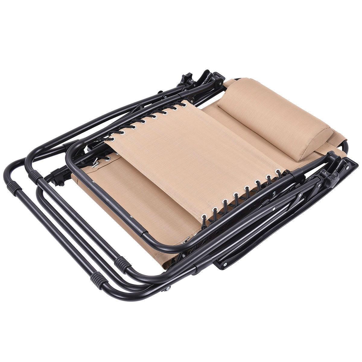 Set of 2 Beige Folding Outdoor Zero Gravity Lounge Chair Recliner - PRHOMZ