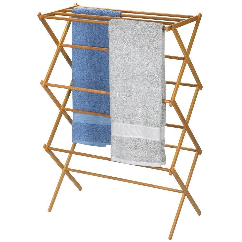 Folding Laundry Clothes Drying Rack in Bamboo Wood - PRHOMZ