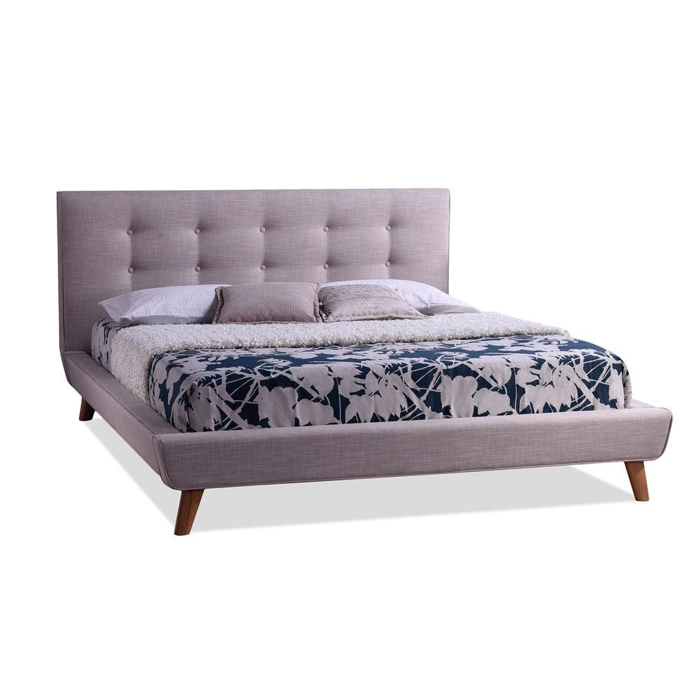 Full size Beige Linen Upholstered Platform Bed with Button Tufted Headboard - PRHOMZ