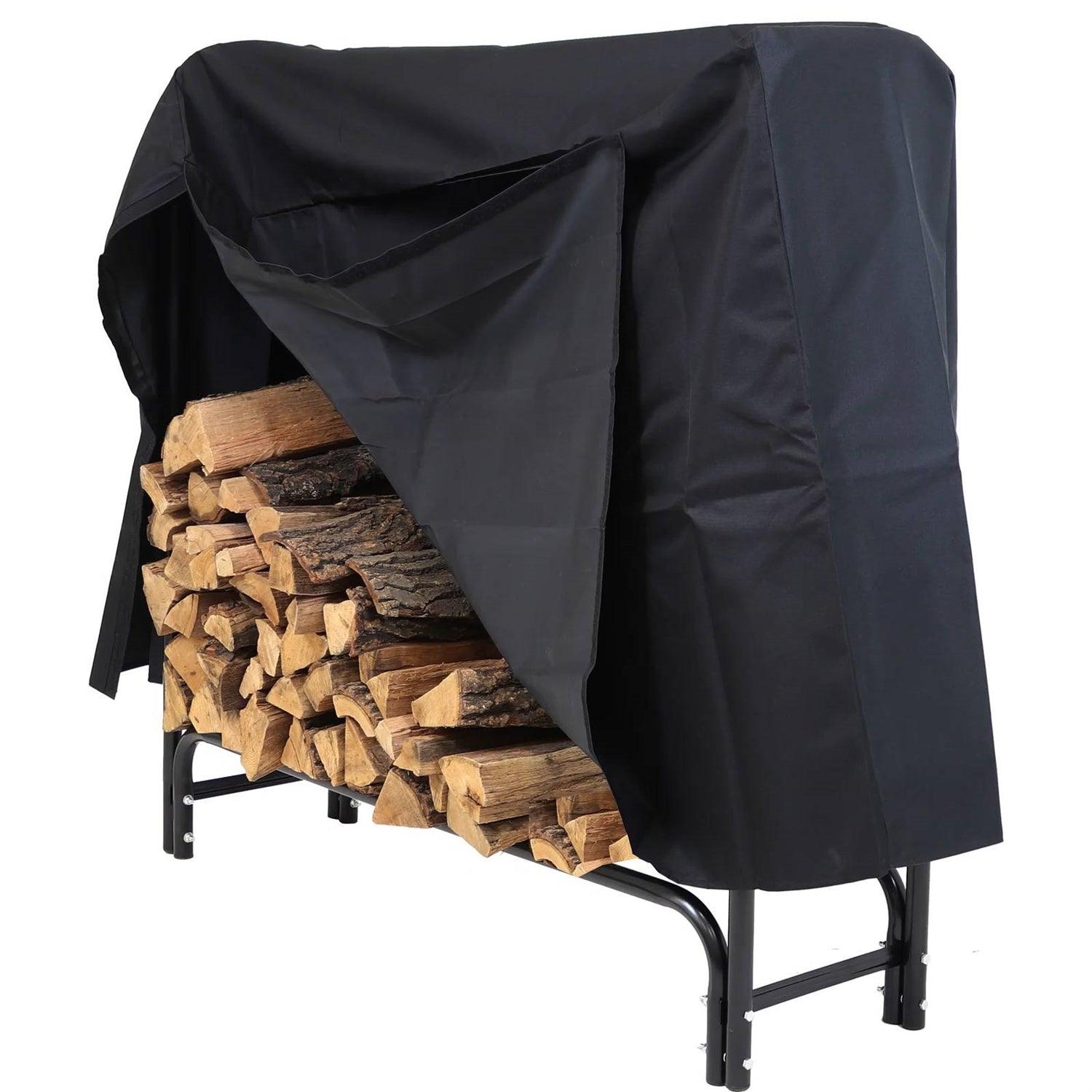 4-Ft Indoor Outdoor Black Metal Firewood Holder Log Rack with Cover - PRHOMZ