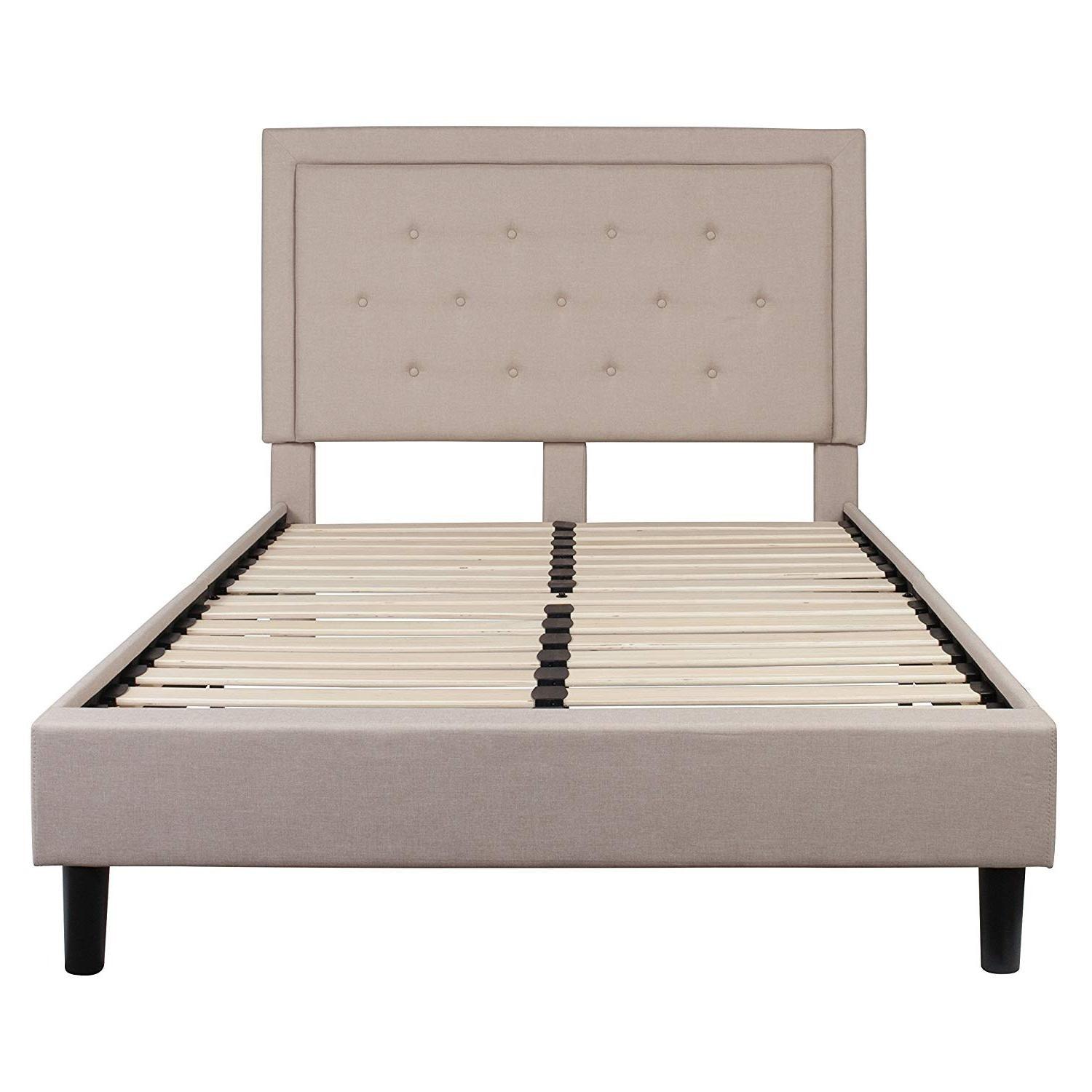Full Beige Fabric Upholstered Platform Bed Frame – Tufted Headboard - PRHOMZ