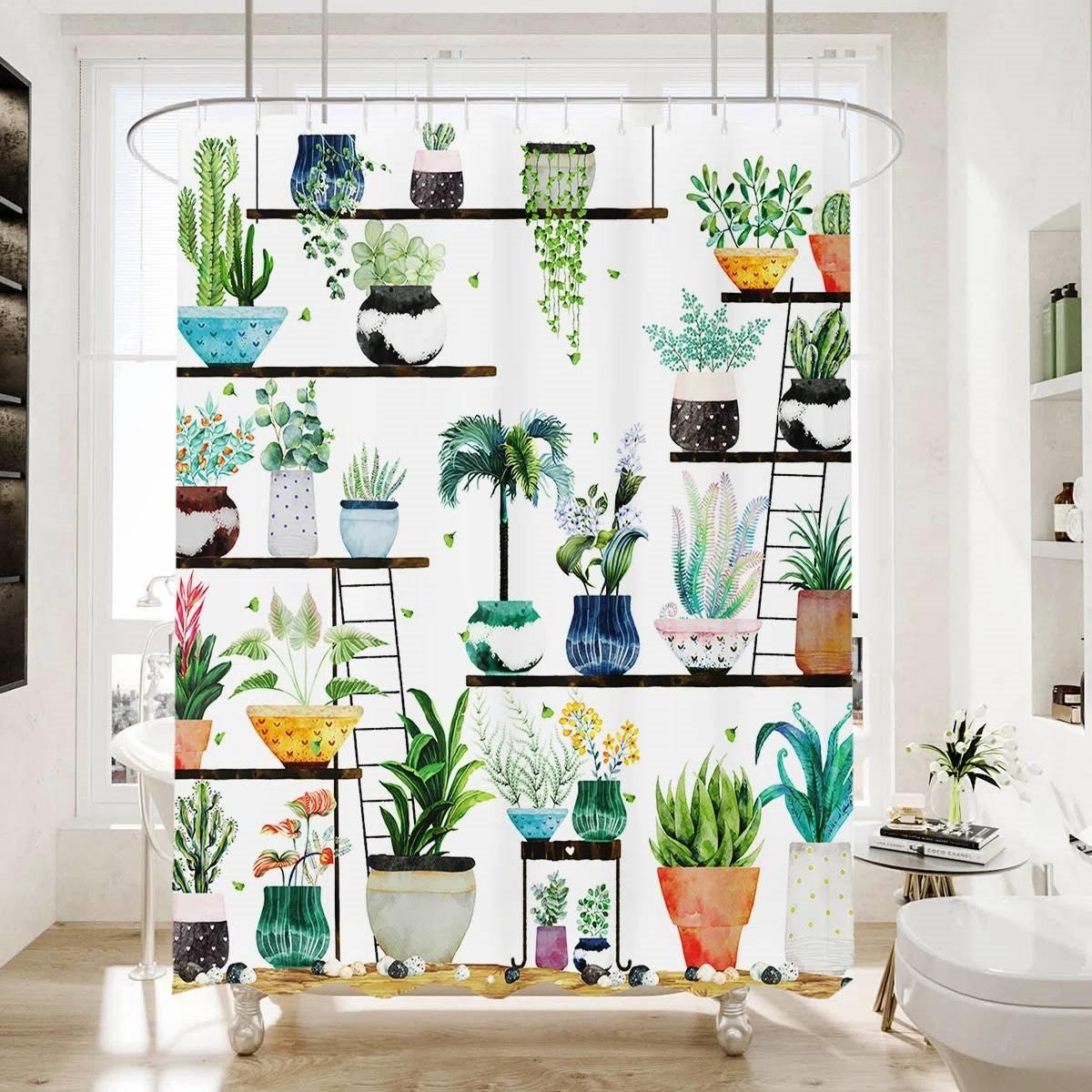 72-in. Watercolor Plants Botanical Floral Flower Pots Succulents Shower Curtain - PRHOMZ