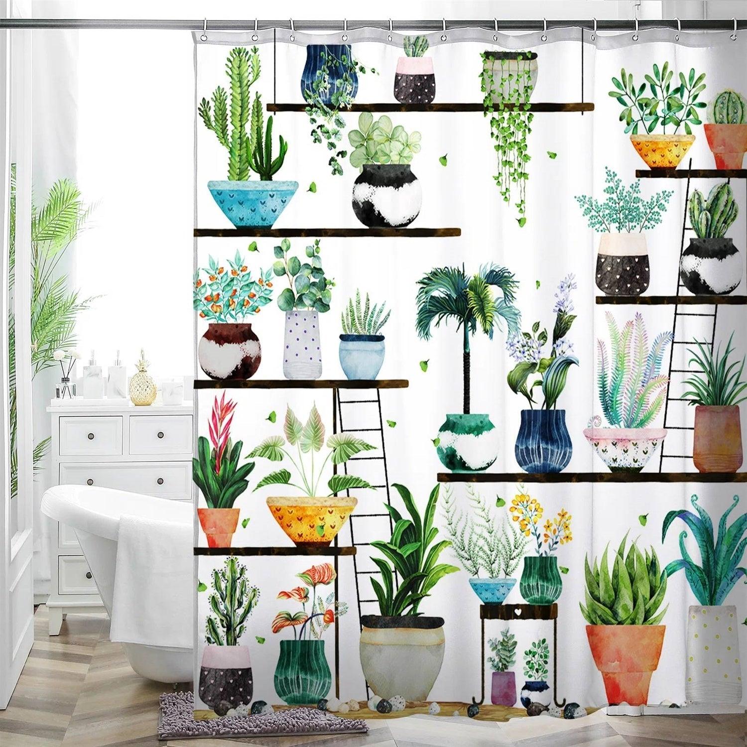 72-in. Watercolor Plants Botanical Floral Flower Pots Succulents Shower Curtain - PRHOMZ
