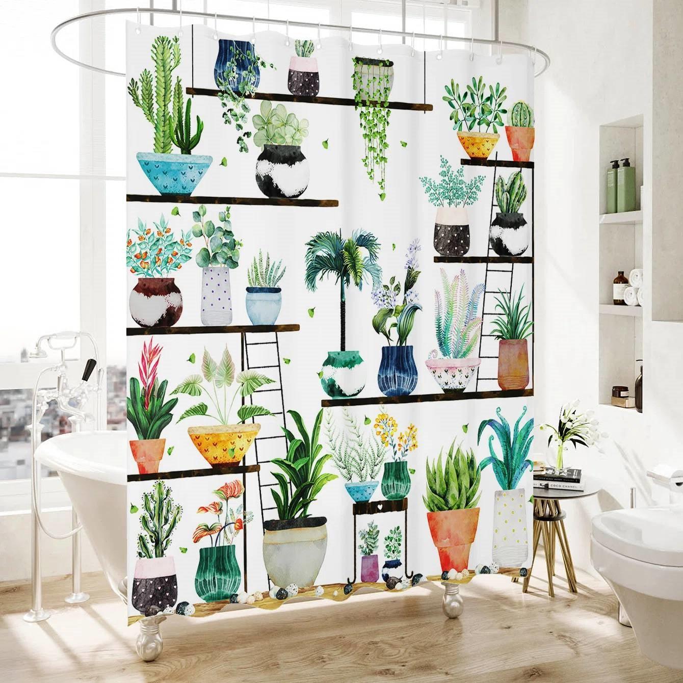 72-in. Watercolor Plants Botanical Floral Flower Pots Succulents Shower Curtain - PRHOMZ