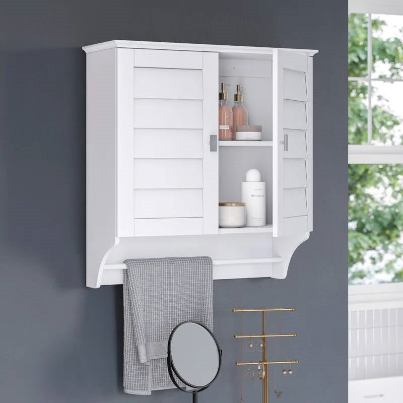 Wall Mounted Bathroom Medicine Cabinet with Louver Doors and Towel Bar in White-0