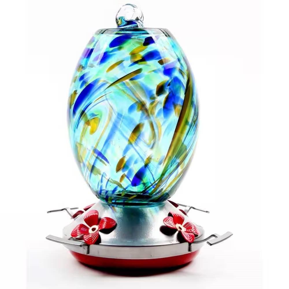 Blue Blown Glass Hummingbird Feeder with Perch and 4 Feeding Ports - PRHOMZ