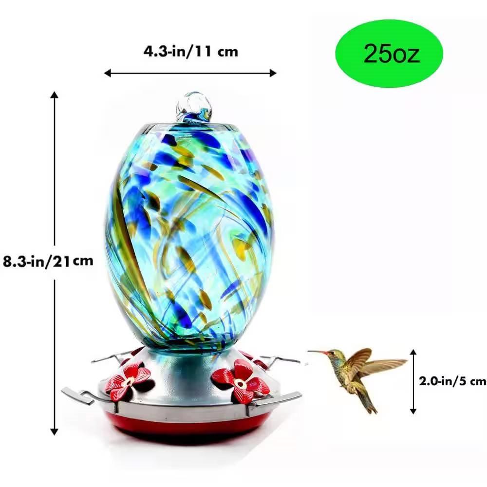 Blue Blown Glass Hummingbird Feeder with Perch and 4 Feeding Ports - PRHOMZ