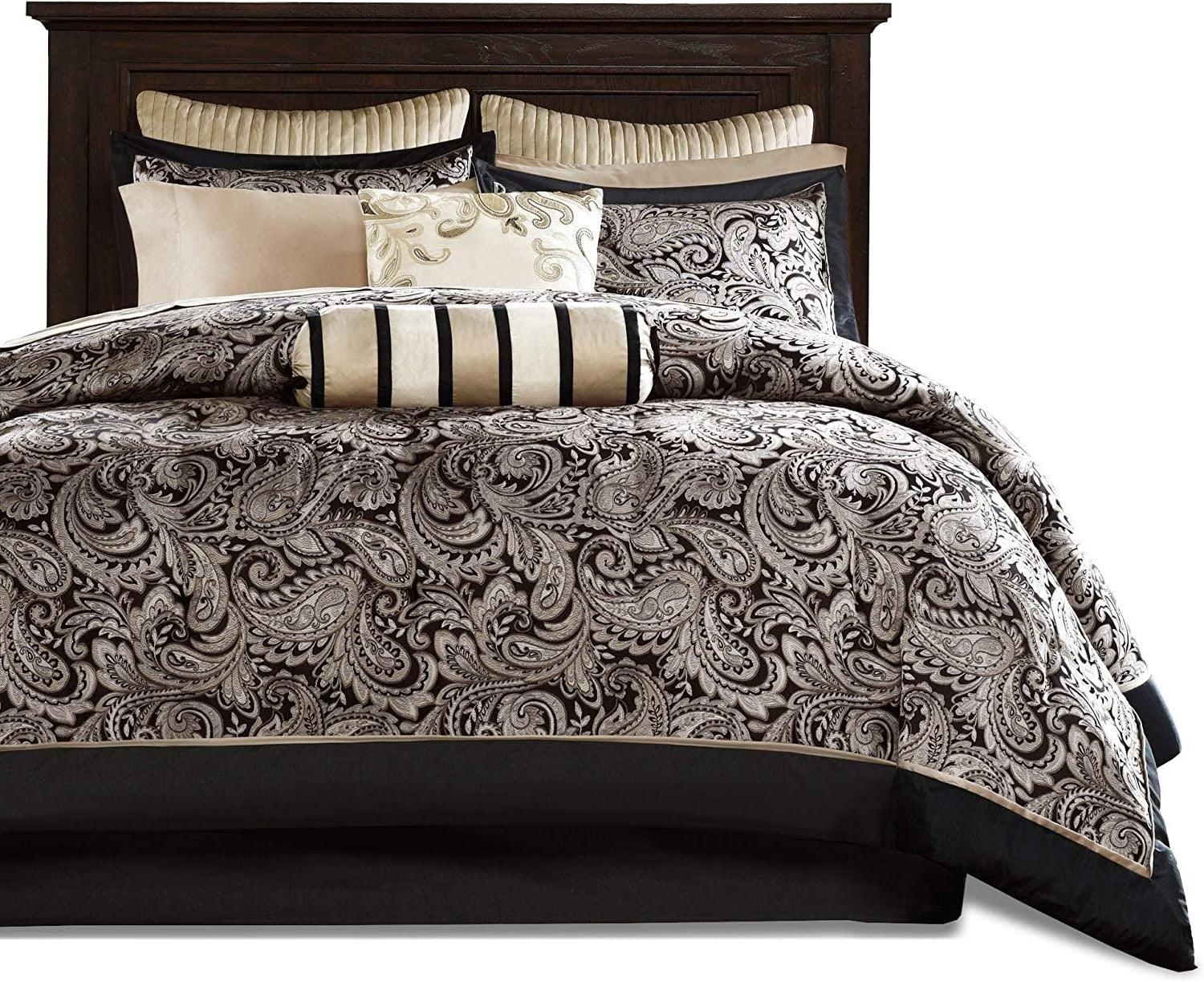 King 12 Piece Cotton Polyester Comforter Set Black Gold Paisley - PRHOMZ