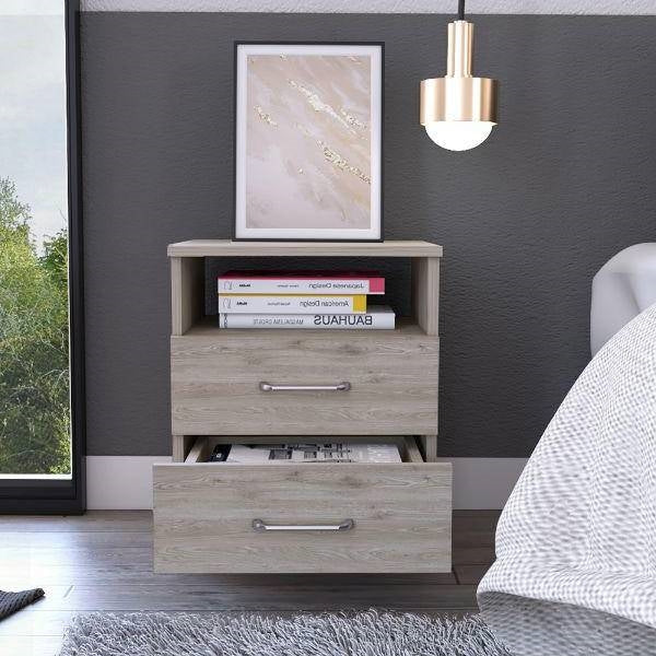Modern 2-Drawer Nightstand with Open Shelf in Beige Wood Finish-1