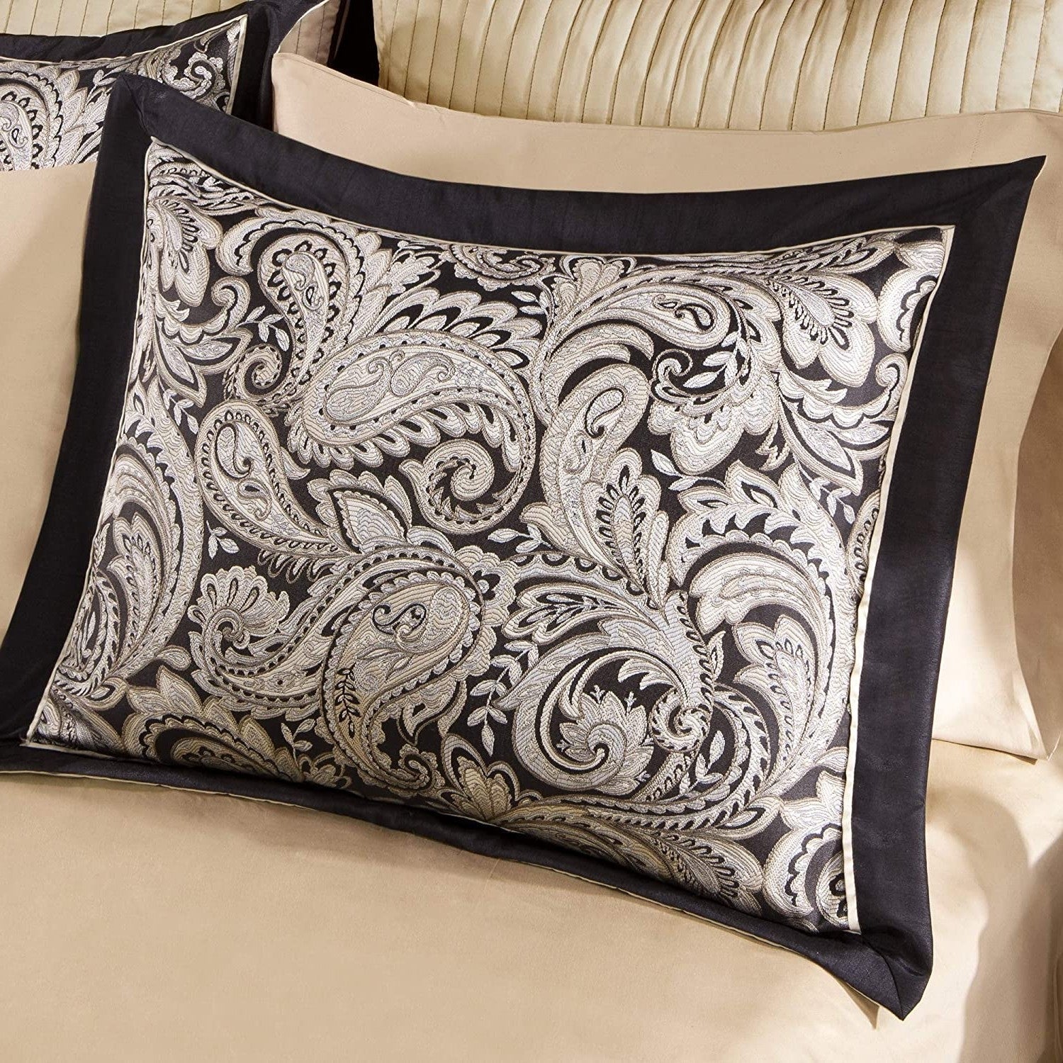 Queen 12 Piece Cotton Polyester Comforter Set Black Gold Paisley-2