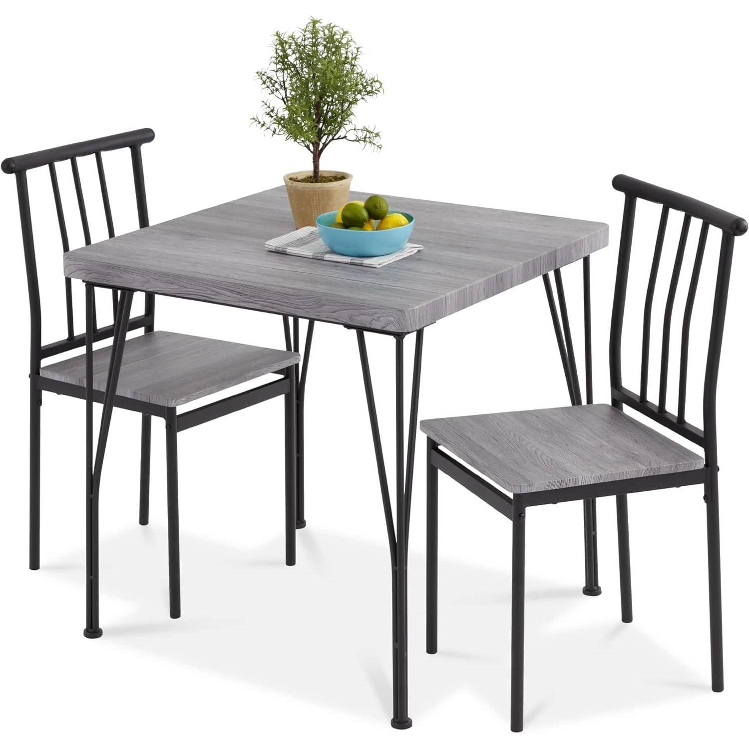 Modern 3-Piece Metal Frame Dining Set with Grey Wood Top Table and 2 Chairs - PRHOMZ