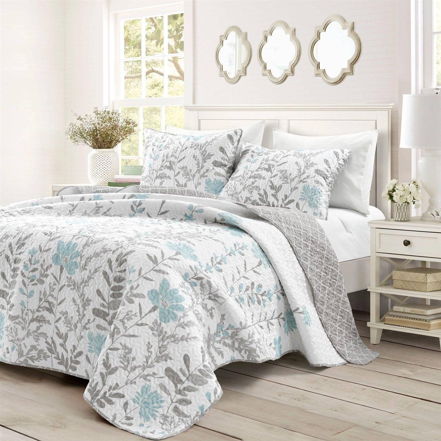 King Size Blue Grey Floral Lightweight Thin Polyester Fabric 3-Piece Quilt Set - PRHOMZ