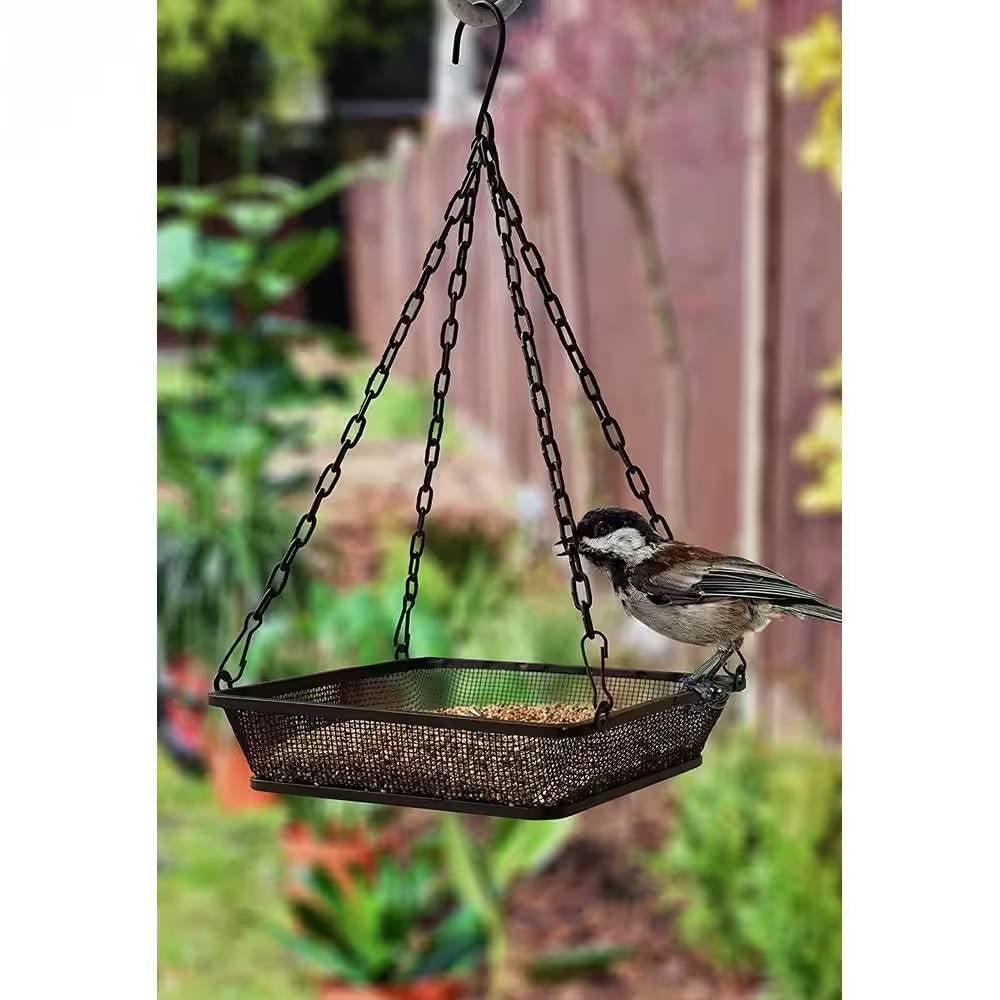 Heavy Duty Black Iron Mesh Bird Feeder Seed Tray with Easy to Hang Chain - PRHOMZ
