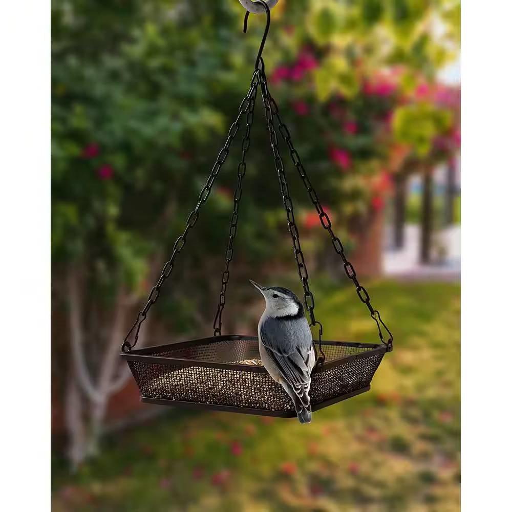 Heavy Duty Black Iron Mesh Bird Feeder Seed Tray with Easy to Hang Chain - PRHOMZ