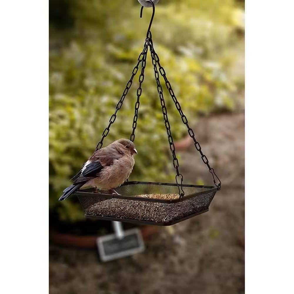 Heavy Duty Black Iron Mesh Bird Feeder Seed Tray with Easy to Hang Chain - PRHOMZ