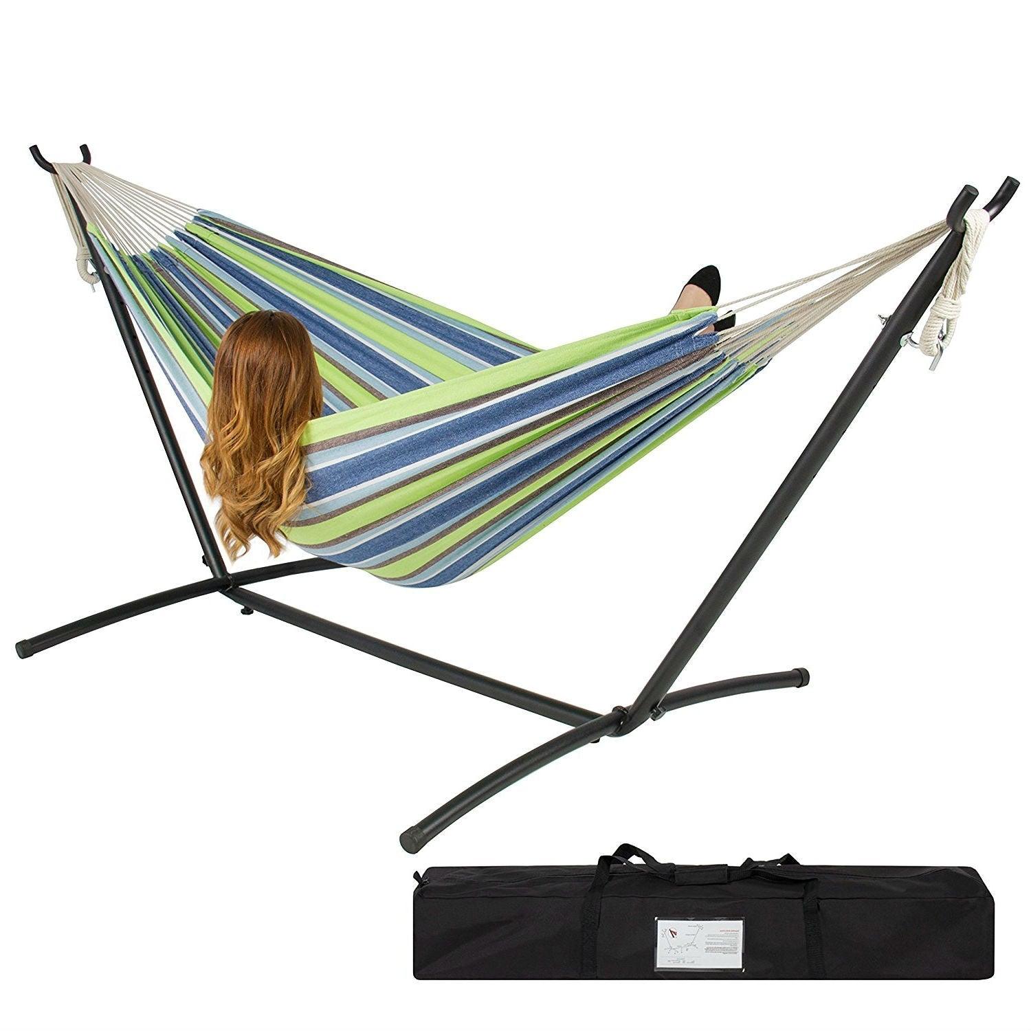 Portable Blue Green Stripe Cotton Hammock with Metal Stand and Carry Case - PRHOMZ