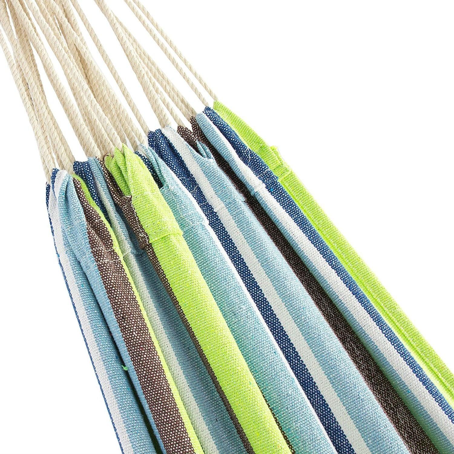 Portable Blue Green Stripe Cotton Hammock with Metal Stand and Carry Case - PRHOMZ