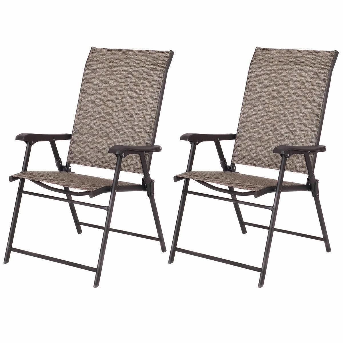 Set of 2 Outdoor Folding Patio Chairs in Brown with Black Metal Frame - PRHOMZ