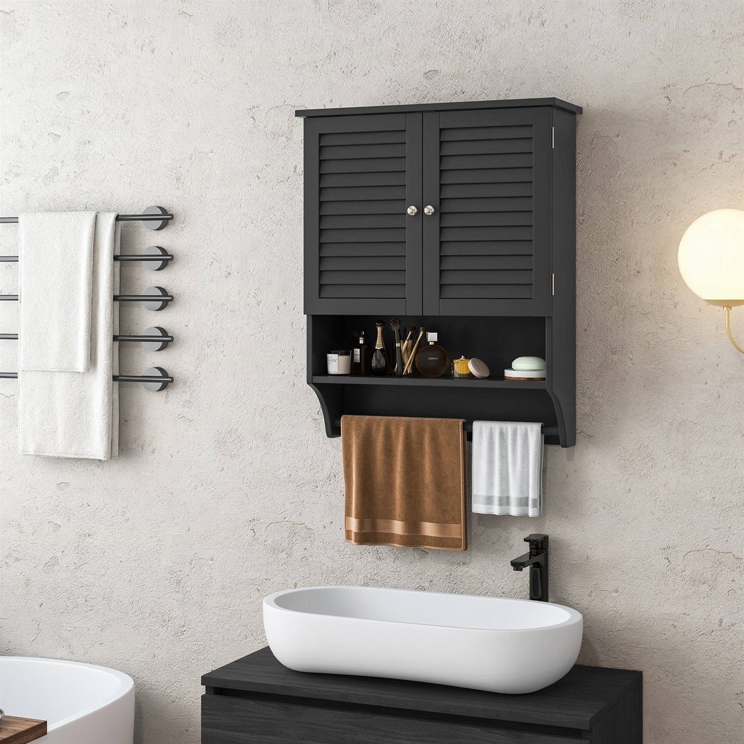 Black Wall-Mounted Bathroom Medicine Cabinet with Louver Doors and Towel Bar-0