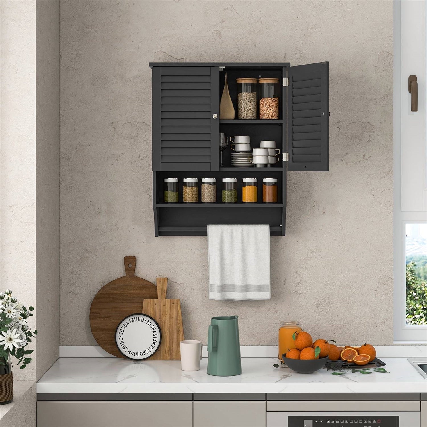 Black Wall-Mounted Bathroom Medicine Cabinet with Louver Doors and Towel Bar-2