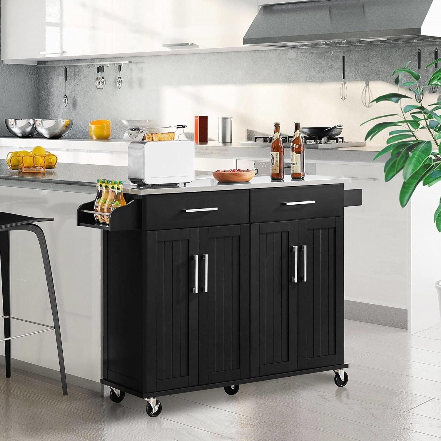 Black Kitchen Island Cart with Stainless Steel Top 2 Drawers and Cabinet - PRHOMZ