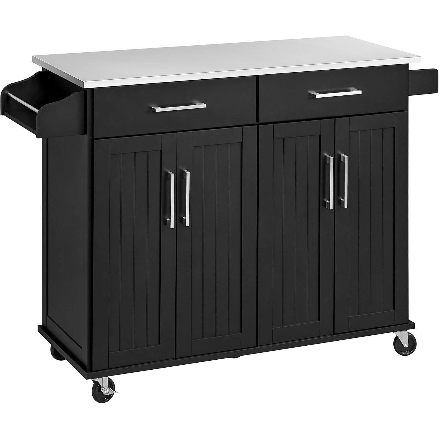 Black Kitchen Island Cart with Stainless Steel Top 2 Drawers and Cabinet - PRHOMZ