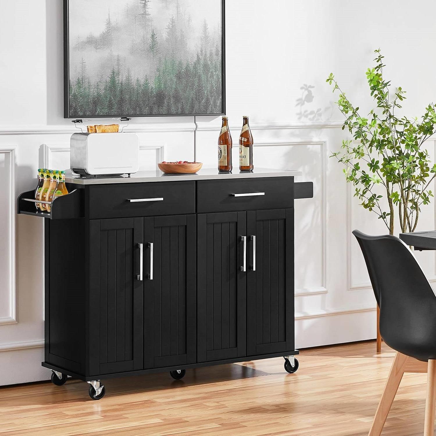 Black Kitchen Island Cart with Stainless Steel Top 2 Drawers and Cabinet - PRHOMZ