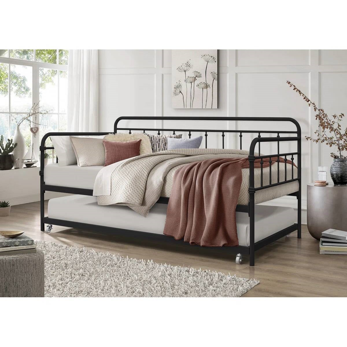 Twin size Black Rounded Iron Daybed with Roll Out Trundle Bed Frame-0