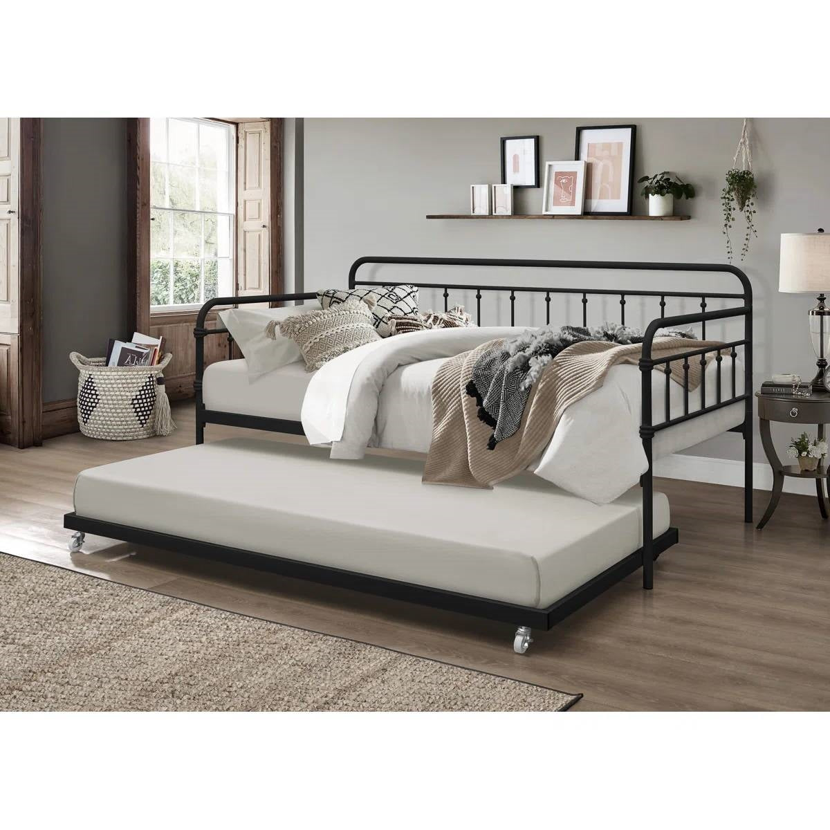 Twin size Black Rounded Iron Daybed with Roll Out Trundle Bed Frame-2