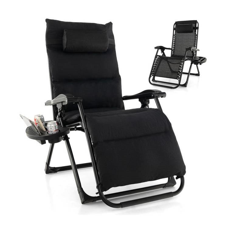 Black Zero Gravity Adjustable Lounge Chair Removable Cushion Cup Holder Tray - PRHOMZ