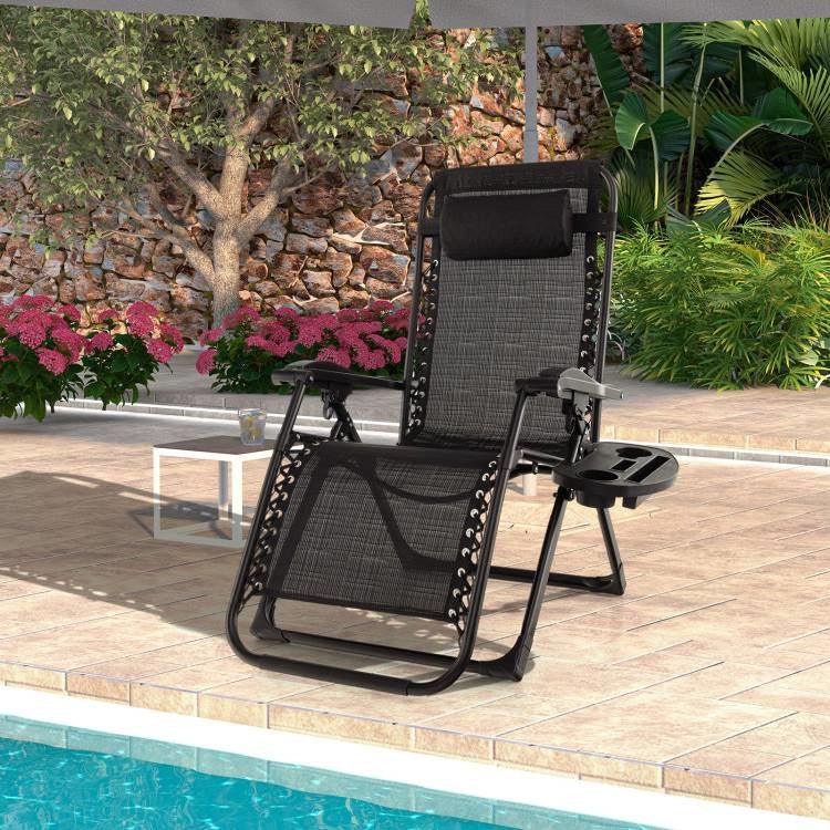 Black Zero Gravity Adjustable Lounge Chair Removable Cushion Cup Holder Tray - PRHOMZ