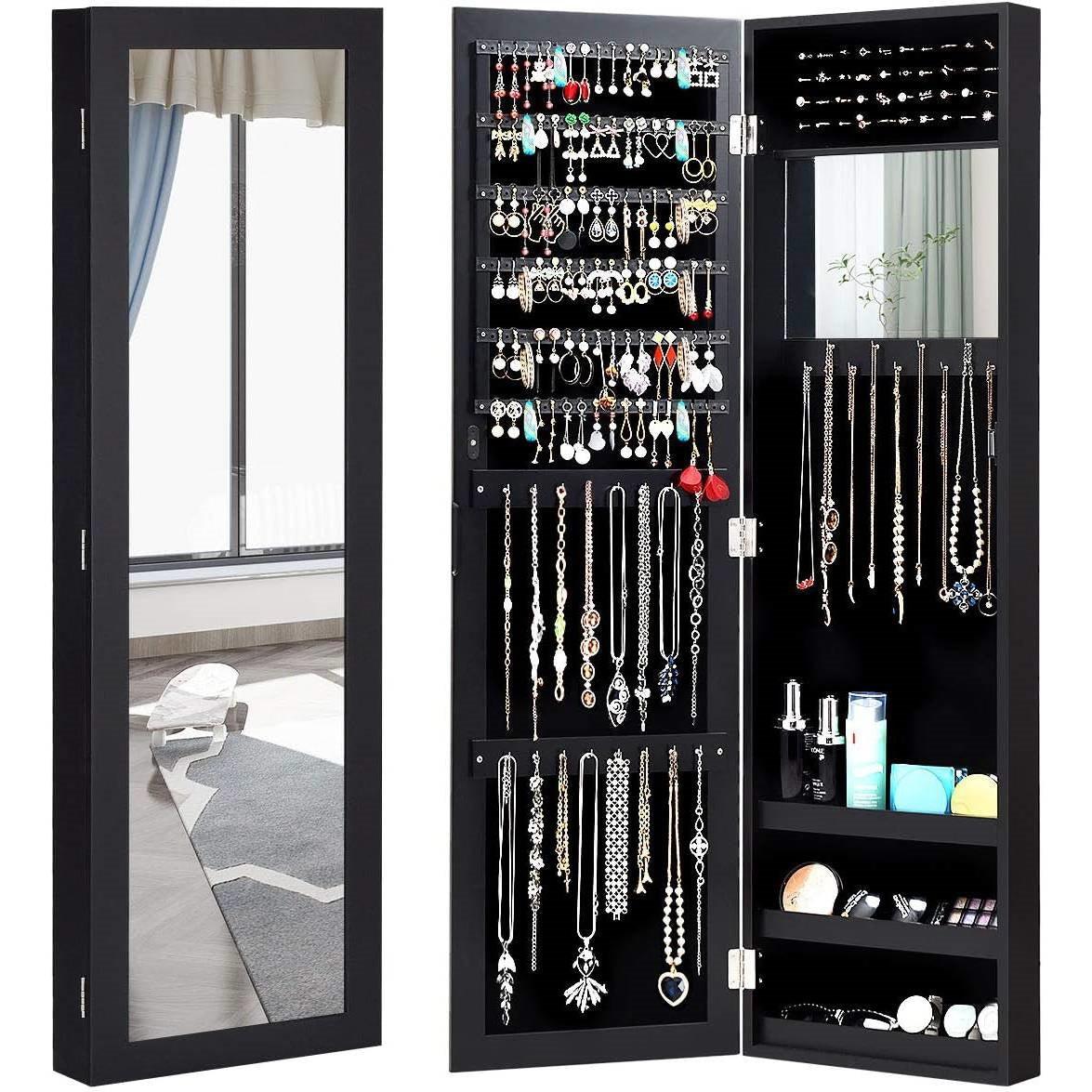 2-in-1 Black Wall or Door Mounted Jewelry Organizer Full Length Mirror - PRHOMZ
