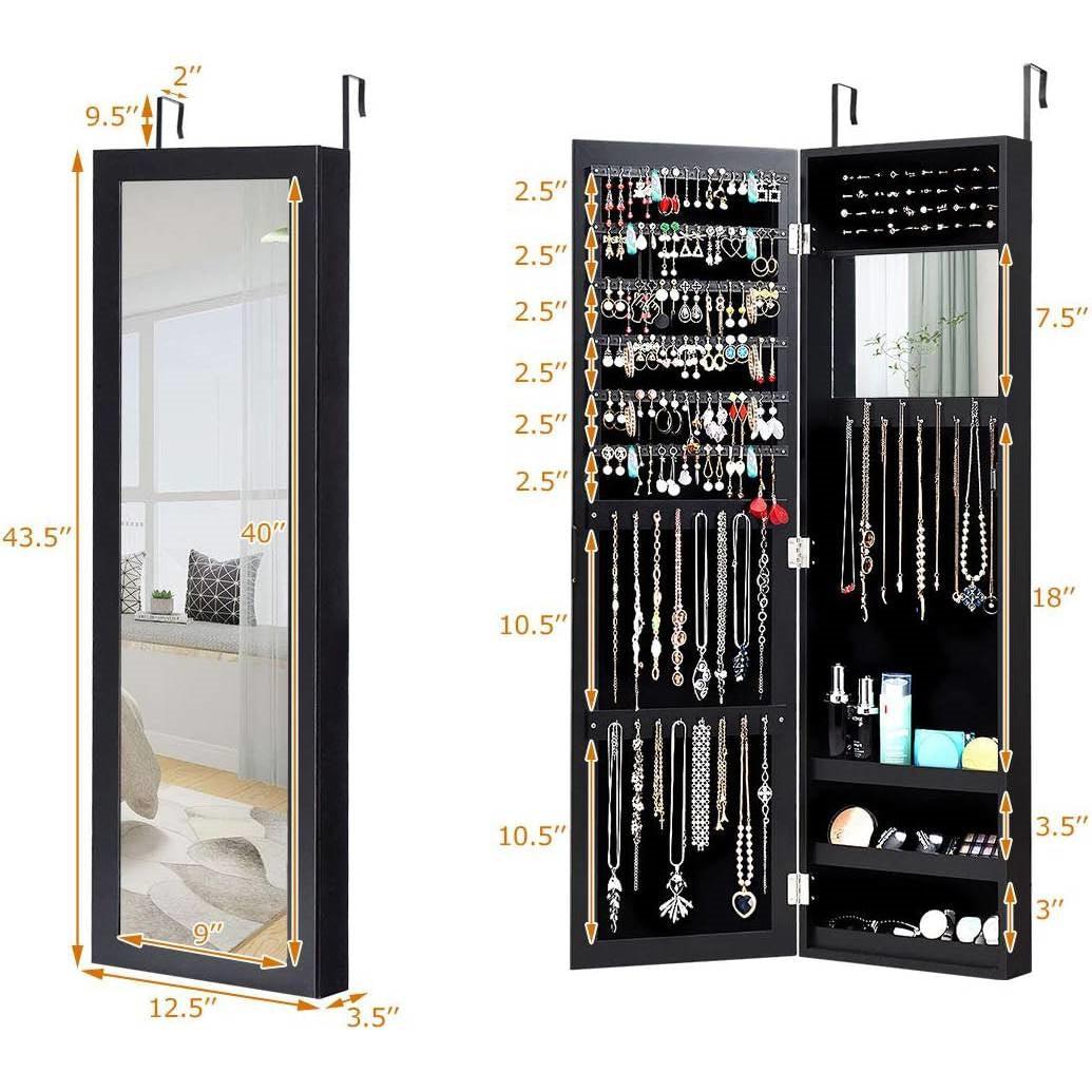 2-in-1 Black Wall or Door Mounted Jewelry Organizer Full Length Mirror - PRHOMZ