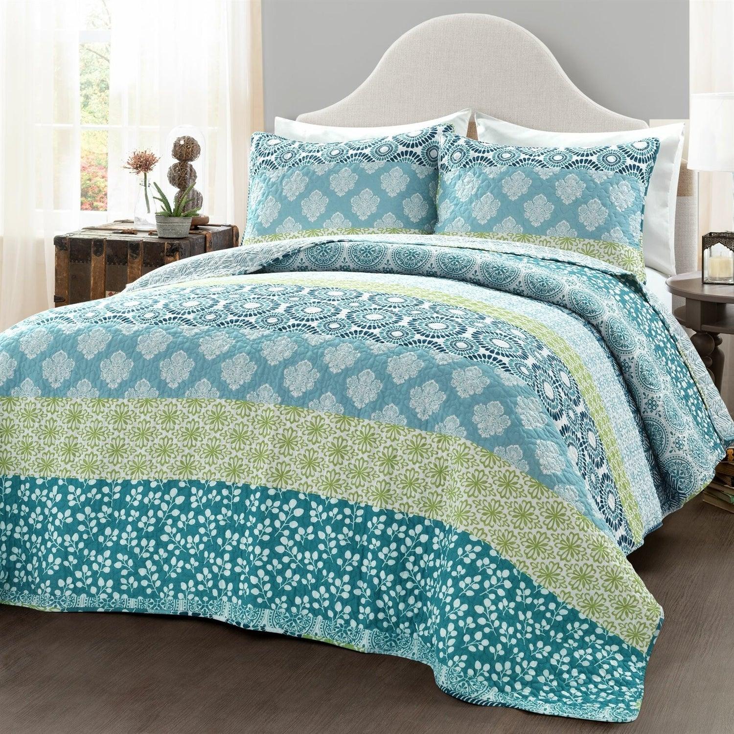 Full/Queen Cotton 3 Piece Reversible Blue White Green Floral Damask Quilt Set - PRHOMZ