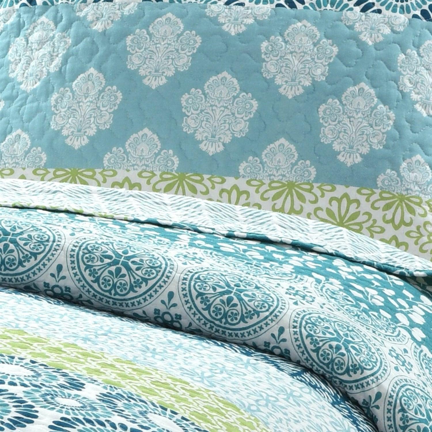 Full/Queen Cotton 3 Piece Reversible Blue White Green Floral Damask Quilt Set - PRHOMZ