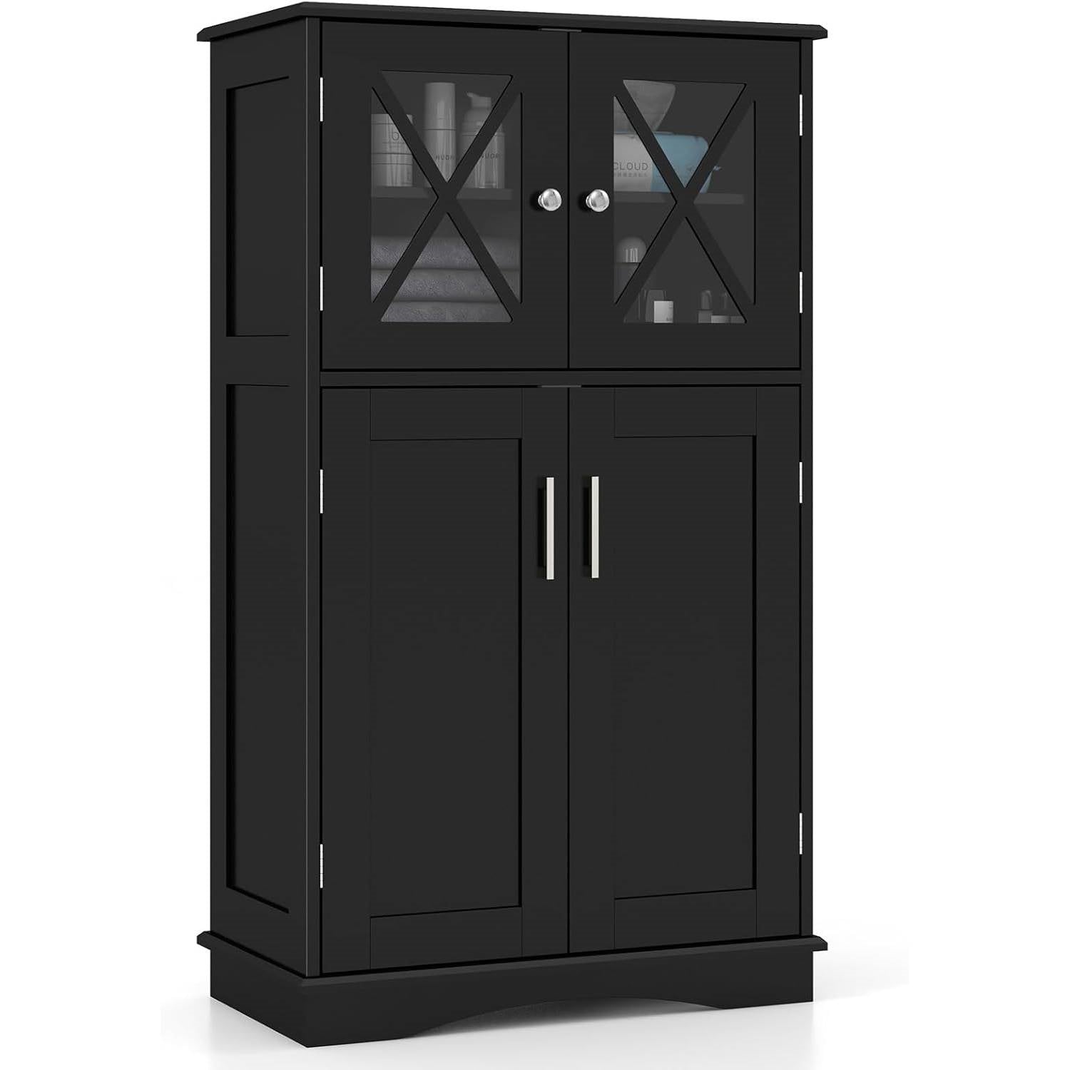 Black Bathroom Towel Linen Cabinet with Glass Doors and Storage Shelves-0