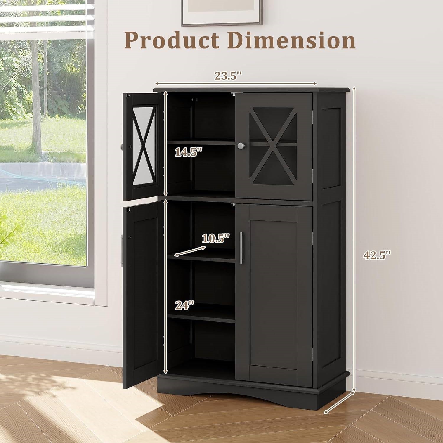 Black Bathroom Towel Linen Cabinet with Glass Doors and Storage Shelves