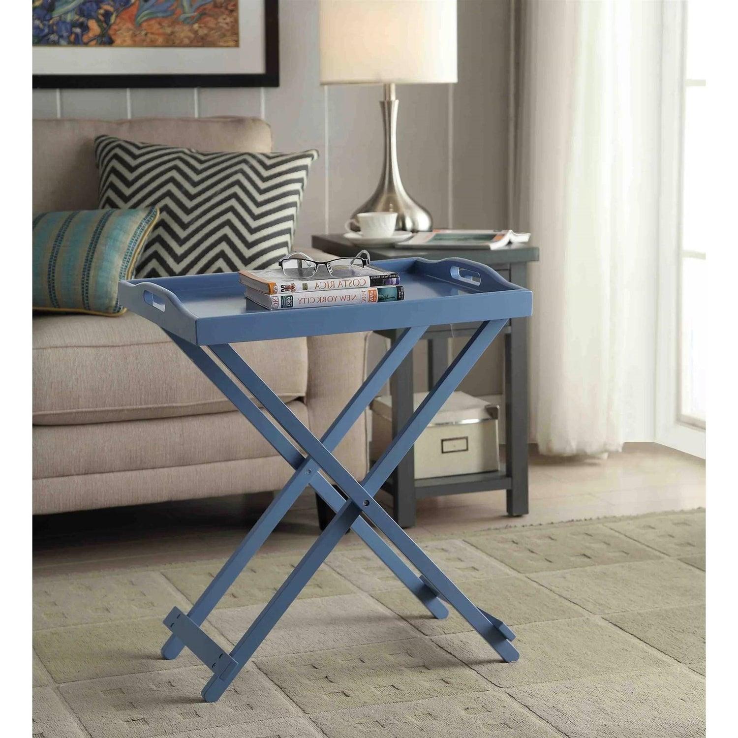 Folding TV Tray Bedside Table in Blue Wood Finish - PRHOMZ