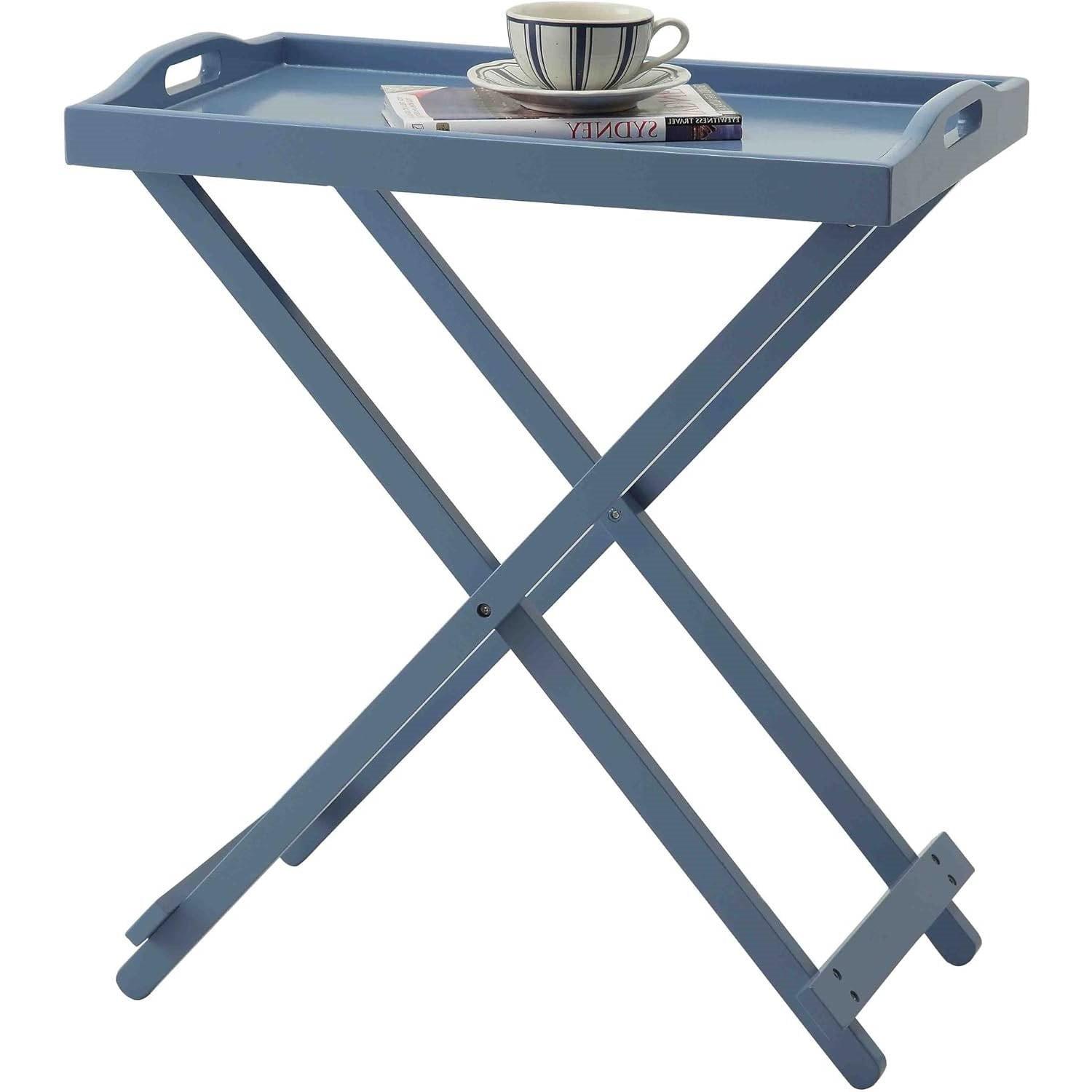 Folding TV Tray Bedside Table in Blue Wood Finish - PRHOMZ