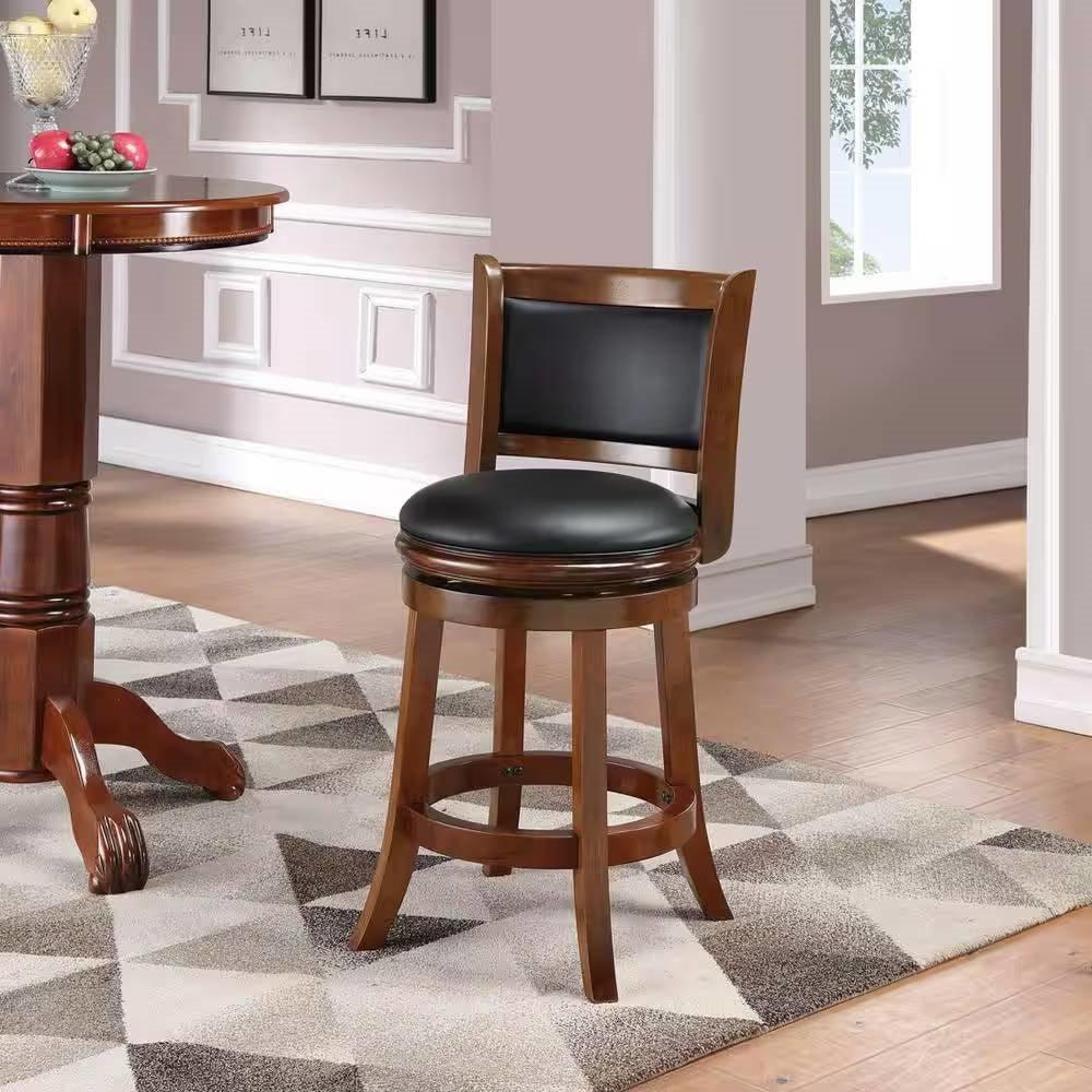 Counter Height Barstool in Cherry Wood Finish with Black Padded Swivel Seat - PRHOMZ